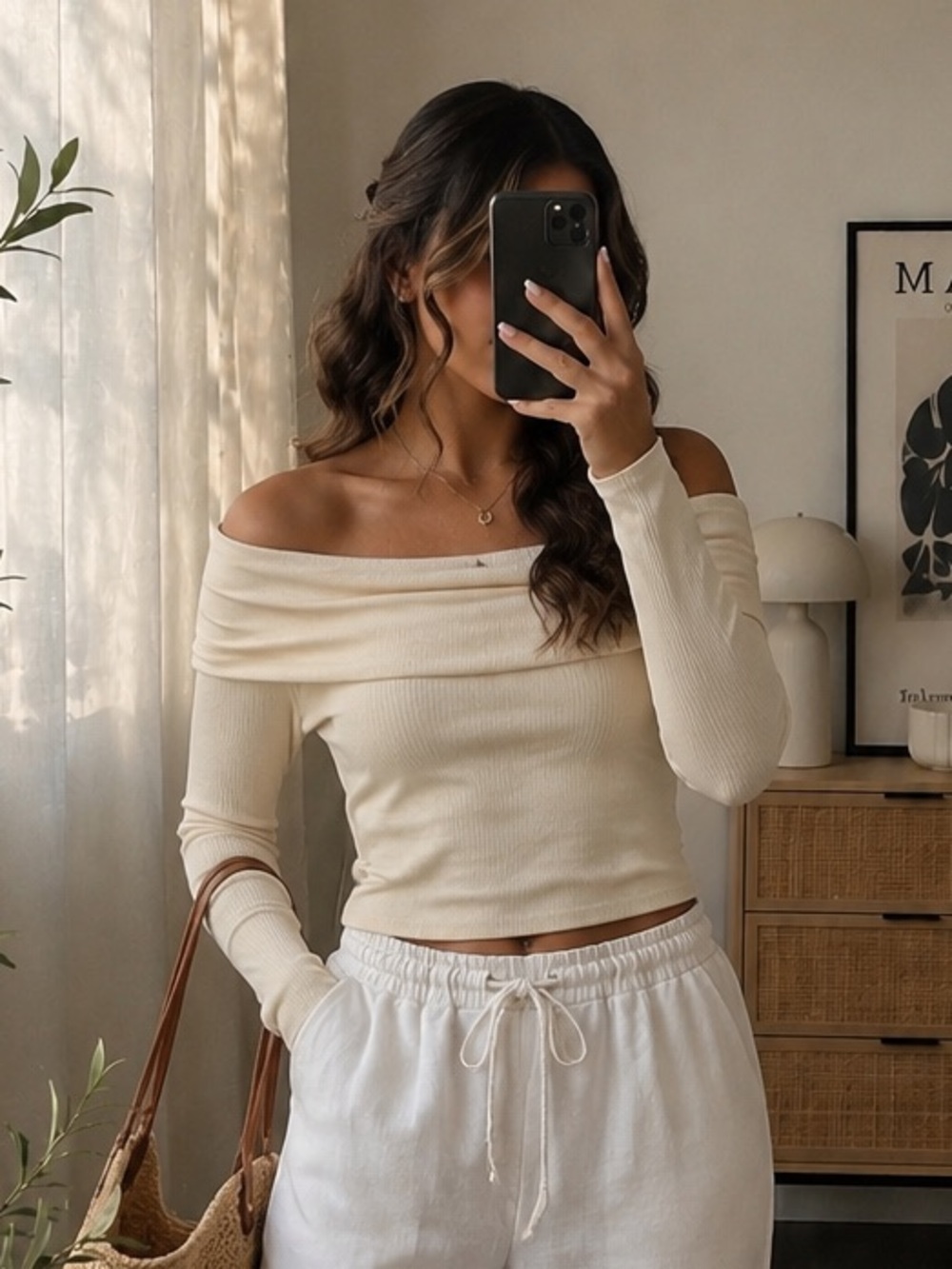 🌼 3/$15 Off-Shoulder White Ribbed Long Sleeve M